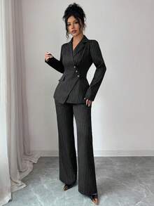 Elenzga Women's Striped Asymmetric Lapel Single Pocket Design Waist Cinched Elegant Professional Blazer And Loose Flared Pants Two Pieces Suit, Suitable For Work, Teacher Outfit, Autumn/Winter - Black - View 3