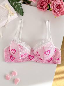 PetitDoll 1件情人节双色爱心蕾丝可爱甜美女士钢圈文胸 - 粉色 - 查看 3