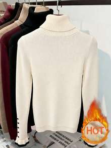 Franclia Women's Turtleneck Ruffle Button Design Long Sleeve Knit Pullover Sweater With Bow, Tight Fit Thermal Lining - Beige - View 2