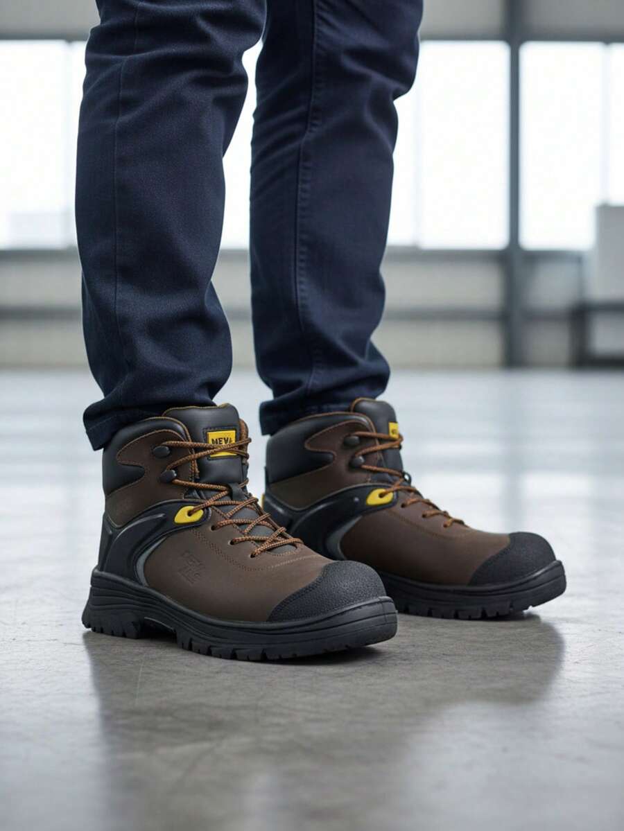Bota de Bota de trabajo casco de poliamida antiderrapante para hombre de moda, diseñada especialmente para entornos exigentes., fabricada con materiales de alta calidad, su casco de poliamida ofrece una protección ligera y resistente contra impactos, mientras que la suela antiderrapante garantiza máxima protección en superficies húmedas o resbalosas. Ideal para: construcción, industria, talleres, almacenes y todo tipo de trabajo rudo. - Marrón - Ver 1