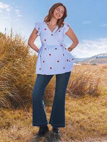 Boho Mama Spring Women Maternity Summer Casual Striped Strawberry Print Tie-Front Nursing Top - Blue - View 5