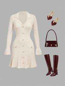 SHEIN MOD Gaun Rajut Wanita Elegan Warna Beige untuk Musim Gugur, Lengan Mengembang dengan Kerah dan Kancing Mutiara Imitasi, Gaun Rajut Bergaris Gaya Prancis untuk Pesta Teh, Acara Pulang Sekolah, dan Wisuda. - Krem - View 3