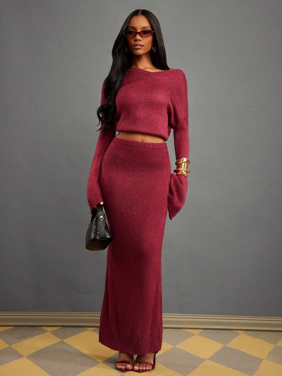 NYA SZN Women's Burgundy Autumn Elegant Dinner Date Knit Matching Set,Loose Oversized V Neck Sweater Top & High Rise Fitted Skirt Outfits,Rib Knit Loungewear - Red - View 1