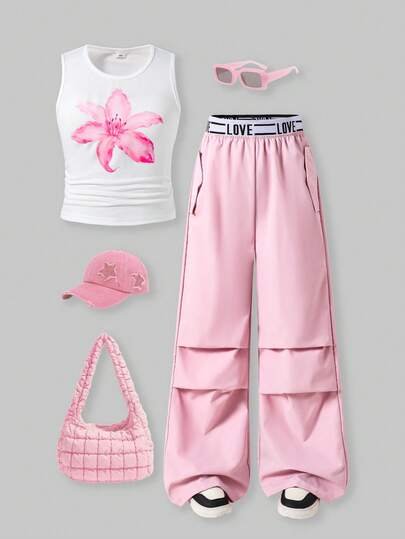 SHEIN ChillGRL 2pcs/Set Tween Girls Lily Flower Print Drawstring Side Tank Top Paired With Waist Color Block Cargo Pocket Pants, Casual Street Style, Spring/Summer