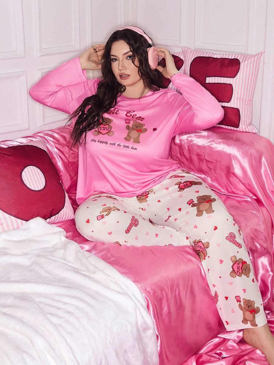 SweetSlumber 可爱情人节小熊印花圆领宽松舒适针织长袖加大码睡衣套装 - 彩色 - 查看 1