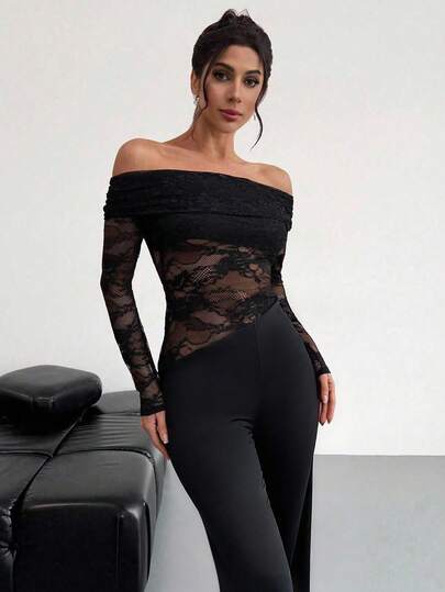 Firerie Women's Elegant Sexy Minimalist Fashion Women Fatale Charm Valentine's Day New Year Party Date Off-Shoulder Textured Mesh Sheer Ruched Low Waist Bodycon Black Long Sleeve Jumpsuit