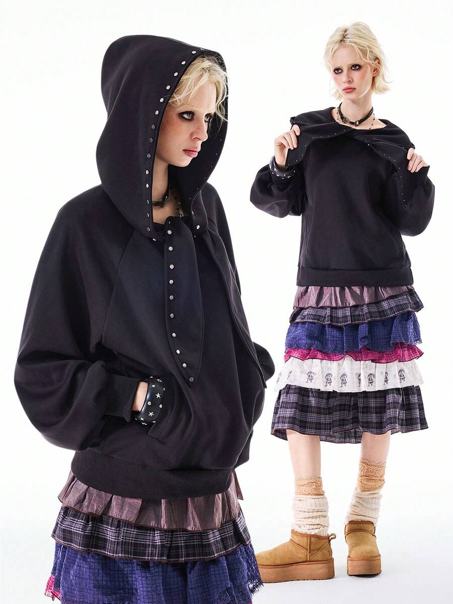 Bloopia Women's Woven Long Sleeve Regular Sweatshirt With Rabbit Ear Rivet Design, Loose, Fashion, Versatile, Cute Sweatshirt