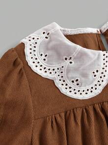 SHEIN Tween Girl Corduroy Patchwork Lace Peter Pan Collar Long Sleeve Dress,Elegant Brown And White A-Line Cake Dress For Autumn Tea Party,Back-To-School - Rust Brown - View 3