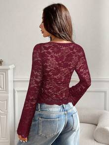 SHEIN EZwear Women's Deep V-Neck Flare Sleeve Lace Fitted Sexy Fashionable Blouse - Burgundy - View 2