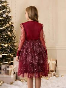 Vestido elegante negro de cuello redondo con malla de lentejuelas para niñas, adecuado para banquetes, fiestas, vacaciones, bodas, niña de las flores, bailes de graduación, Navidad, Halloween, graduación, regreso a la escuela y otras ocasiones - Burdeos - Ver 2