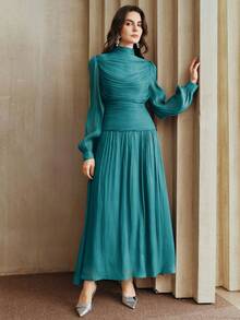 Anewsta Nuevo vestido elegante con cuello fruncido y manga larga para mujeres, adecuado para otoño, invierno, primavera, Año Nuevo, fiesta, boda, elegante, chic, con estilo, Navidad, salir - Turquesa - Ver 7