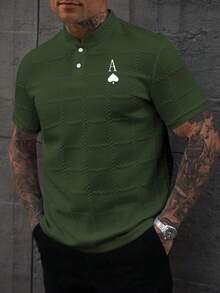 Manfinity Homme 男士 Polo 衫，商务休闲，纹理面料，印花设计绿色 Polo 衫，男士高尔夫球衫，学院风图案 Polo 衫，绿色男士短裤套装，黑桃 A 男士衬衫 - 綠色 - 查看 7