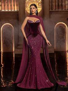 Glamrae Elegante vestido de noche de cola de sirena con parches de terciopelo burdeos y malla, con adornos de lujo y sin tirantes (capa desmontable para el cuello). Adecuado para todas las ocasiones formales. - Burdeos - Ver 3
