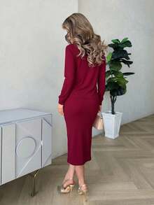 Vestido largo corte lápiz tirantes escote cuadrado blazer tela ligera manga larga conjunto 2 piezas - Rojo - Ver 2