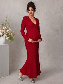 SHEIN Elegant & Comfortable Knitted Jacquard Maternity Dress - Burgundy - View 3