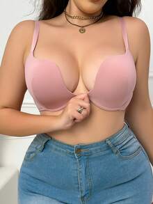 1件大码女士纯色舒适浪漫钢圈文胸 - 藕粉色 - 查看 3