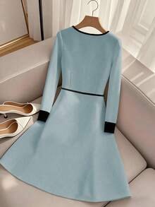 Franclia 优雅收腰长袖V领AB拼接饰边侧边隐形拉链秋冬女装 - 霧霾藍 - 查看 2