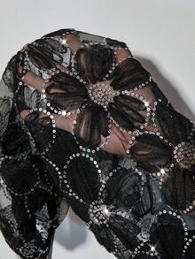 SHEIN PETITE Kemeja Kasual Wanita dengan Desain Patchwork Lengan Bordir Renda, Ukuran Petite Wanita - Hitam - View 5