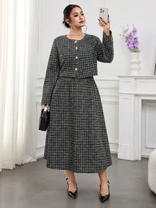 Modelyn Ensemble 2 pièces grande taille pour femmes : veste décontractée à manches longues avec boutons devant et jupe - Noir et Blanc - Voir 4