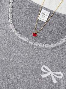 SHEIN Teen Girl All-Match Casual Versatile Solid White Knit Round Neck Loose Long Sleeve Lace Bow T-Shirt Top, Back-To-School, Cute Suitable For All Seasons , Spring, Summer, Autumn, Winter Cute Top - Grey - View 3