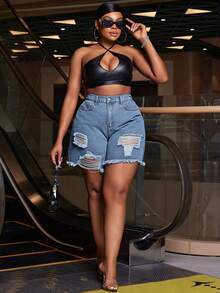 Slaydiva Plus Size Women Pockets Distressed Frayed Hem Fashionable Versatile Vacation Party Denim Shorts - Light Wash - View 3