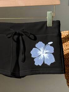 SHEIN EZwear 休闲碎花图案黑色抽绳腰修身短裤 - 黑色 - 查看 4