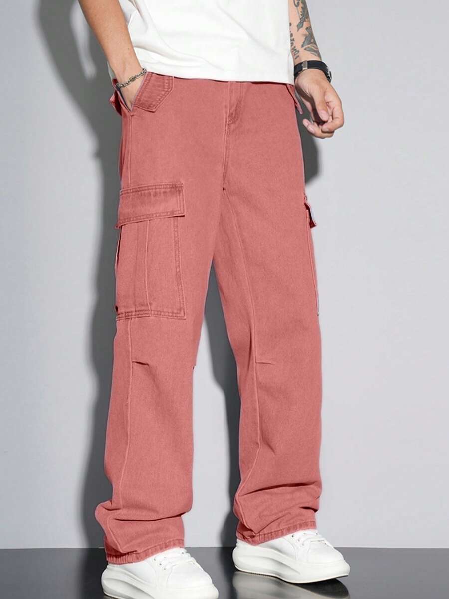 Claim Dot Loose Fit Men's Flap Pocket Side Cargo Jeans Men Cargos Pants - Pink - View 1