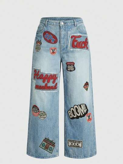 ROMWE Avant Jeans di denim con logo ricamato, stile sportivo e retrò Y2K, estetica da ballerina, per donne taglie forti