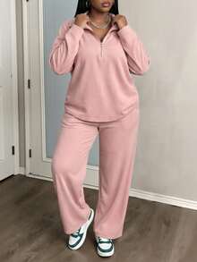 Slaydiva Novos Lançamentos de Outono e Inverno 2025, Roupas Femininas de Outono/Inverno - Conjunto de Camiseta Solta com Zíper na Frente de Manga Longa Rosa e Calça Pantalona com Bolso, Conjunto de Roupas Plus Size Feminino, Tecido Macio