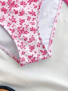 SHEIN 少女粉色碎花镂空连体泳衣，带裙式罩衫，度假风 - 粉色 - 查看 6
