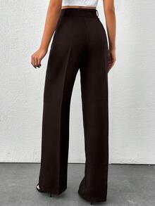 EURMUSE 高个女式纯色高腰阔腿裤 - 棕色 - 查看 2