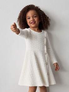 Maija Kids Young Girl Knitted Ribbed Apricot Pearl Button Decor Round Neck Long Sleeve Casual Dress - Apricot - View 6