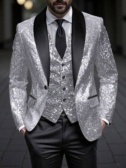 Manfinity AFTRDRK Men's Contrast Color Lapel Long Sleeve Sequin Embellished Blazer Jacket Men Sequin Wedding Jacket For Men Rhinestone Clothes Men Silver Jacket Silver Suits For Men
