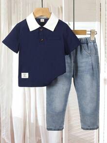 Genkimix Kids 两件套幼儿男童校服套装 - 藏蓝色短袖Polo衫和浅蓝色牛仔裤，简约时尚的儿童休闲装，适合上学和户外玩耍 - 藏蓝色 - 查看 4