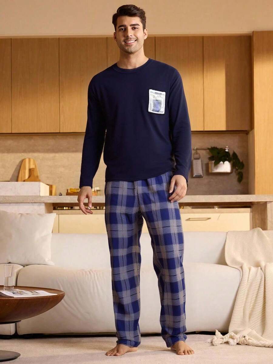 Conjunto de pijama para hombre, cómodo descanso, ropa de noche, manga larga, bolsillo de algodón, pantalones a cuadros - Azul Marino - Ver 1