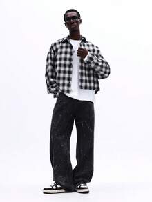 SUMWON Camisa casual de manga larga con botones y patrón de cuadros en blanco y negro, de corte ajustado y sobredimensionado para hombre - Negro - Ver 6