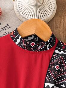 SHEIN Baby Girl Floral Retro Print Shawl Collar Casual Dress, Suitable For Daily, Vacation Wear, Spring/Autumn - Red - View 3