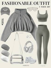 Eassivo Eassivo 3pcs Women Casual Velvet Sports Set, Padded Vest, Leggings & For Workout, Outdoor, Workout Women Setwomen Workout Set Gym Women Outfit - Grey - View 1