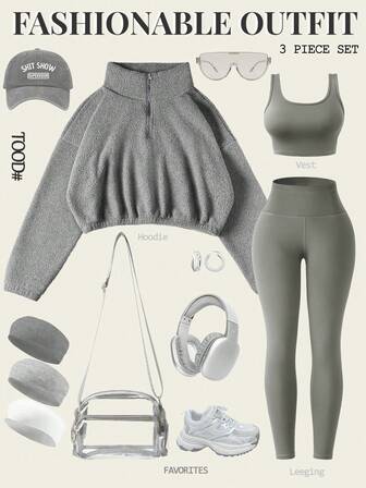 Eassivo Eassivo 3pcs Women Casual Velvet Sports Set, Padded Vest, Leggings & For Workout, Outdoor, Workout Women Setwomen Workout Set Gym Women Outfit