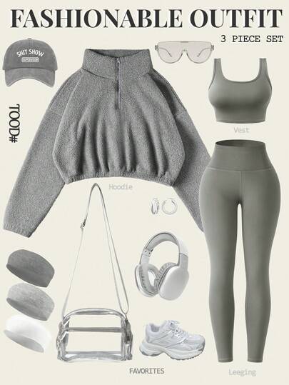 Eassivo Eassivo 3 件套女士休闲天鹅绒运动套装、加厚背心、紧身裤和健身服、户外、秋冬健身女装套装女士健身套装健身房女装