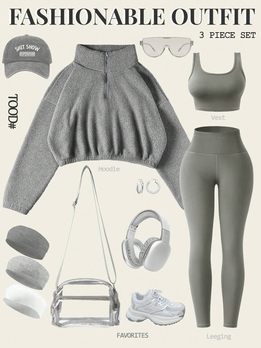 Eassivo Eassivo 3pcs Women Casual Velvet Sports Set, Padded Vest, Leggings & For Workout, Outdoor, Workout Women Setwomen Workout Set Gym Women Outfit - Grey - View 1