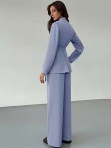 Aloruh Women's Simple Solid Color Lapel Collar Belted Blazer And Wide Leg Pants Suit Set, Suitable For Work And Commute, Spring/Autumn - Baby Blue - View 2