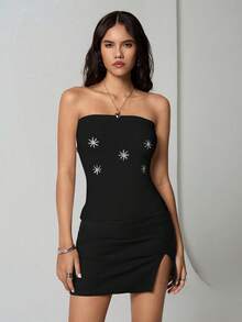 SHEIN TRNDY 2pcs Women Sequin Snowflake Cropped Top & Cardigan Sweater Set, White, Personalized, Versatile, Autumn/Winter - Black - View 6