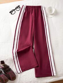 少女侧条纹针织腰带宽松裤 - 酒紅色 - 查看 3