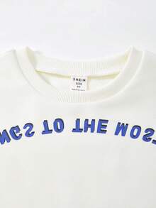 JNSQ 2pcs/Set Young Boys' Round Neck Short Sleeve Letter Print Sweatshirt And Blue Sweatpants, Spring/Summer - White - View 3