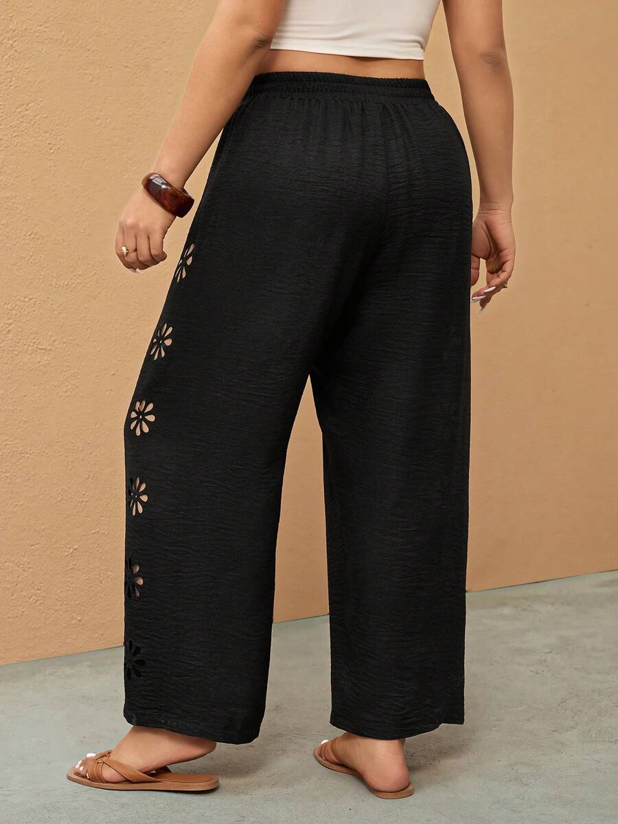 Elaquor Pantalon noir ample et décontracté pour femmes grandes tailles, convient pour les vacances de printemps/été avec découpes - Noir - Voir 1