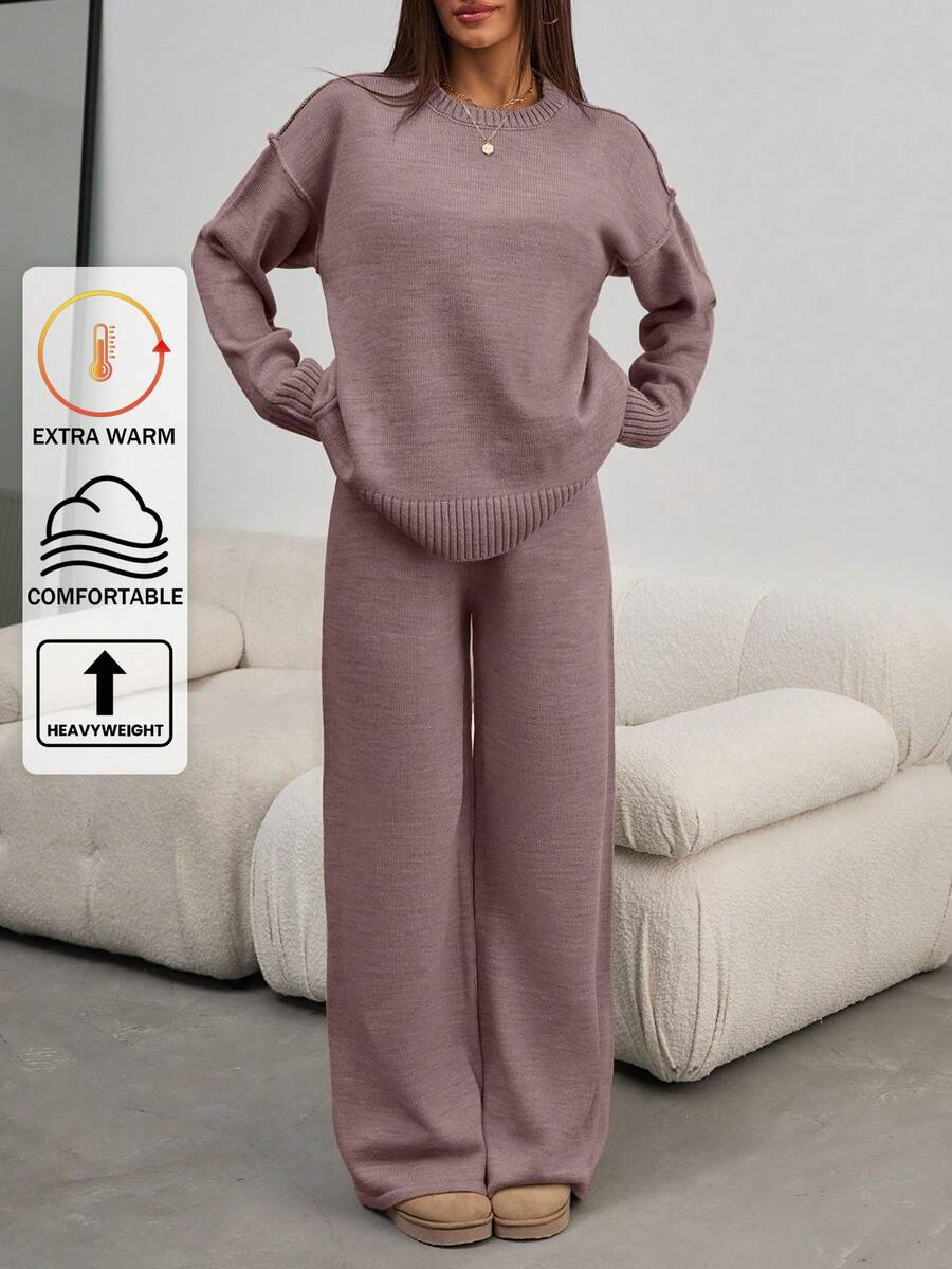 EURMUSE Women Round Neck Rib Knitted Sweater And Sweater Pant 2pcs Sets Co-Ord