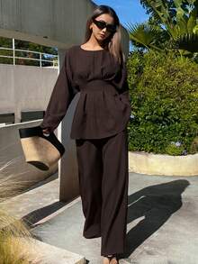 Livesso 优雅女士两件套，宽松商务休闲时尚街头风荷叶边褶皱腰身办公室穿着套头衫和直筒裤，适合秋冬季节穿着。 - 棕色 - 查看 4