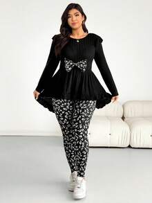 Shapeblank Plus-Size Women's/Fashion Casual Stretchy Comfortable Everyday Slimming Bow-Tie Black Waist-Cinching Long-Sleeved Top And Black And White Floral Print Leggings Two Pieces Set Outfits,Curve Cute Clothes,Pants Set Spring Slim Fit Set For Women - Black - View 4
