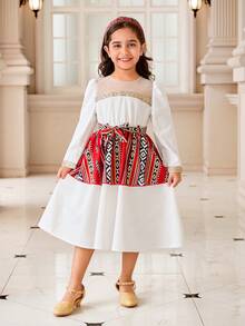 Young Girls White Splice Red Vintage Floral Mesh Midi Dress,Autumn Puff Sleeve Princess Dress - Multicolor - View 6